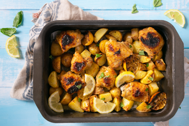 Lemon-Roasted Potatoes, Chicken and Spinach with Tzatziki