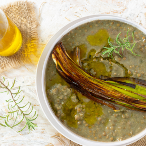 Italian Lentil Soup with Rosemary Oil and Roasted Leek