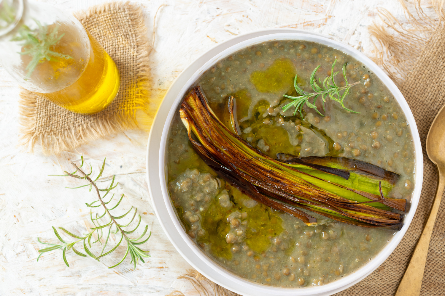 Italian Lentil Soup with Rosemary Oil and Roasted Leek